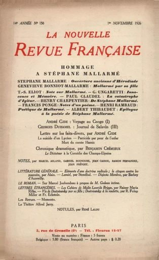 La Nouvelle Revue Française N' 158 (Novembre 1926) - André Gide - Editions Gallimard - Revues NRF