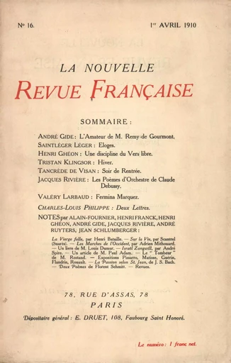 La Nouvelle Revue Française N' 16 (Avril 1910) -  Collectifs - Editions Gallimard - Revues NRF