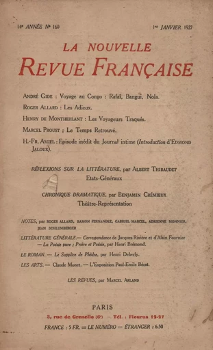 La Nouvelle Revue Française N' 160 (Janvier 1927) - André Gide - Editions Gallimard - Revues NRF