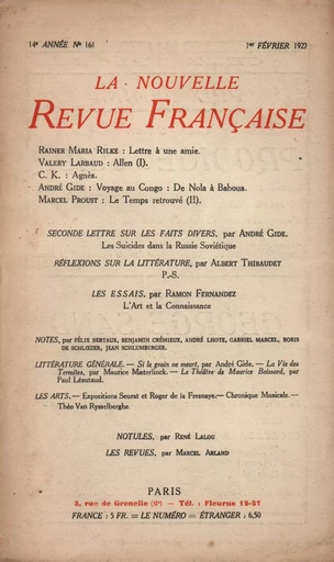 La Nouvelle Revue Française N' 161 (Février 1927) -  Collectifs - Editions Gallimard - Revues NRF