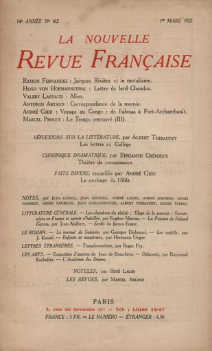 La Nouvelle Revue Française N' 162 (Mars 1927) -  Collectifs - Editions Gallimard - Revues NRF