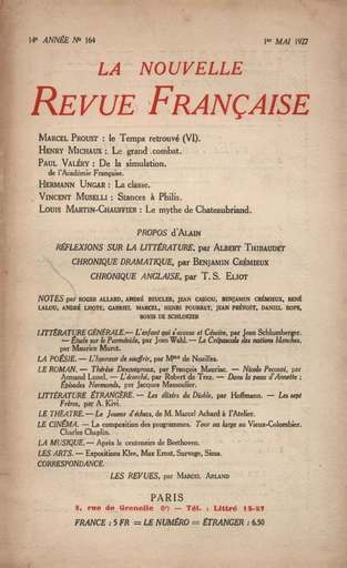 La Nouvelle Revue Française N' 164 (Mai 1927) -  Collectifs - Editions Gallimard - Revues NRF