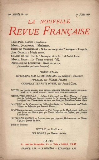 La Nouvelle Revue Française N' 165 (Juin 1927) - André Gide - Editions Gallimard - Revues NRF