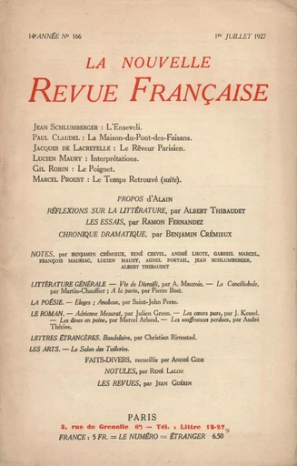 La Nouvelle Revue Française N' 166 (Juillet 1927) -  Collectifs - Editions Gallimard - Revues NRF