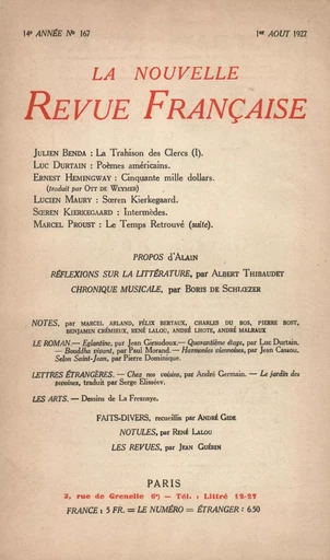 La Nouvelle Revue Française N' 167 (Aoűt 1927) -  Collectifs - Editions Gallimard - Revues NRF