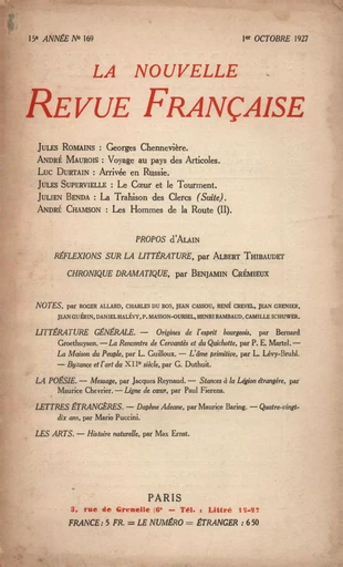 La Nouvelle Revue Française N' 169 (Octobre 1927) - André Gide - Editions Gallimard - Revues NRF