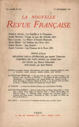 La Nouvelle Revue Française N' 170 (Novembre 1927) -  Collectifs - Editions Gallimard - Revues NRF