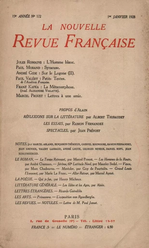 La Nouvelle Revue Française N' 172 (Janvier 1928) - André Gide - Editions Gallimard - Revues NRF