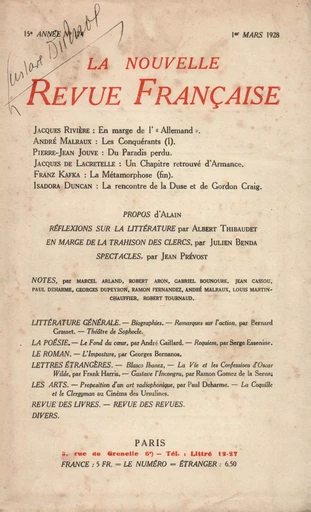 La Nouvelle Revue Française N' 174 (Mars 1928) - André Gide - Editions Gallimard - Revues NRF