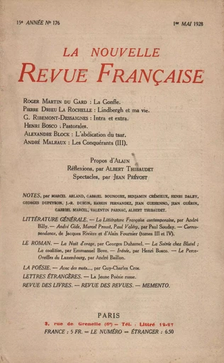 La Nouvelle Revue Française N' 176 (Mai 1928) -  Collectifs - Editions Gallimard - Revues NRF