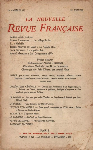 La Nouvelle Revue Française N' 177 (Juin 1928) -  Collectifs - Editions Gallimard - Revues NRF