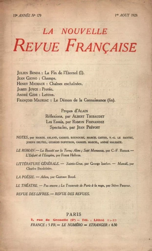 La Nouvelle Revue Française N' 179 (Aoűt 1928) -  Collectifs - Editions Gallimard - Revues NRF