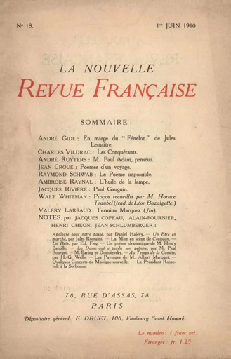 La Nouvelle Revue Française N' 18 (Juin 1910) -  Collectifs - Editions Gallimard - Revues NRF