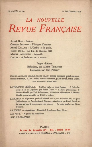 La Nouvelle Revue Française N' 180 (Septembre 1928) -  Collectifs - Editions Gallimard - Revues NRF