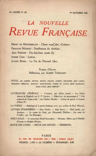 La Nouvelle Revue Française N' 181 (Octobre 1928) -  Collectifs - Editions Gallimard - Revues NRF