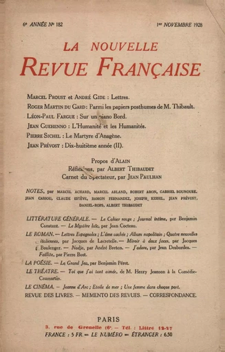 La Nouvelle Revue Française N' 182 (Novembre 1928) -  Collectifs - Editions Gallimard - Revues NRF