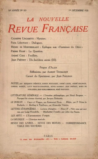 La Nouvelle Revue Française N' 183 (Décembre 1928) - André Gide - Editions Gallimard - Revues NRF