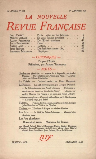 La Nouvelle Revue Française N' 184 (Janvier 1929) - André Gide - Editions Gallimard - Revues NRF