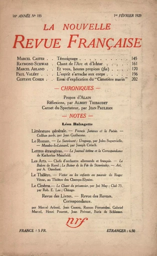 La Nouvelle Revue Française N' 185 (Février 1929) -  Collectifs - Editions Gallimard - Revues NRF