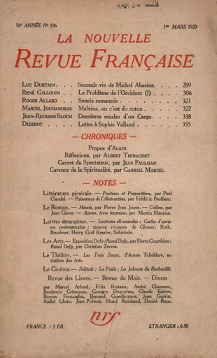 La Nouvelle Revue Française N' 186 (Mars 1929) -  Collectifs - Editions Gallimard - Revues NRF