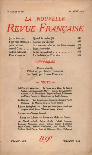 La Nouvelle Revue Française N' 187 (Avril 1929) -  Collectifs - Editions Gallimard - Revues NRF