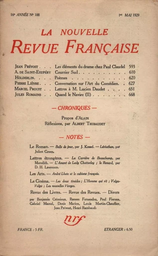 La Nouvelle Revue Française N' 188 (Mai 1929) -  Collectifs - Editions Gallimard - Revues NRF