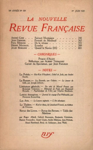 La Nouvelle Revue Française N' 189 (Juin 1929) - André Gide - Editions Gallimard - Revues NRF