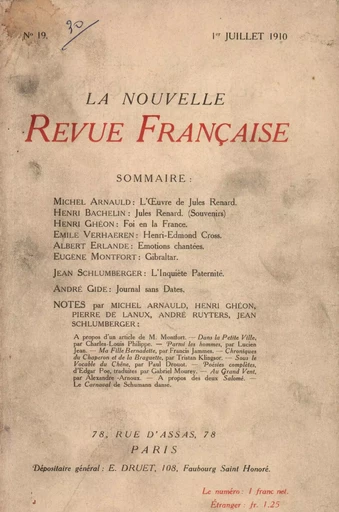 La Nouvelle Revue Française N' 19 (Juillet 1910) -  Collectifs - Editions Gallimard - Revues NRF