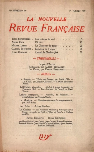 La Nouvelle Revue Française N' 190 (Juillet 1929) -  Collectifs - Editions Gallimard - Revues NRF