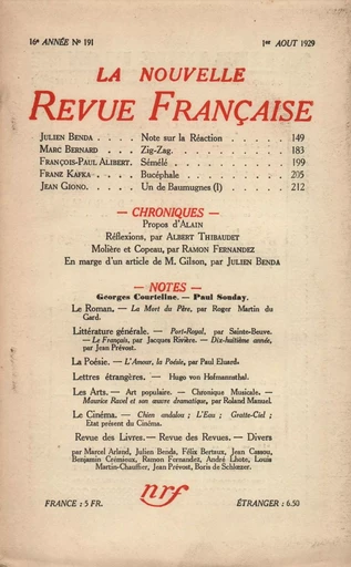 La Nouvelle Revue Française N' 191 (Aoűt 1929) - André Gide - Editions Gallimard - Revues NRF