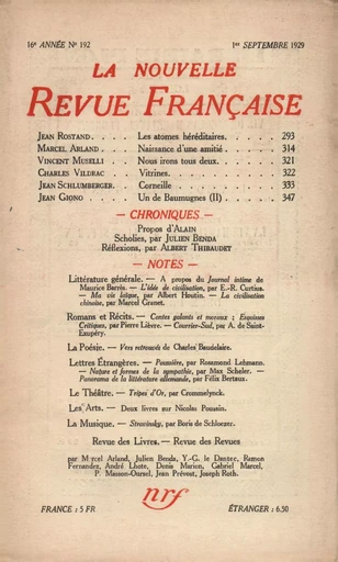 La Nouvelle Revue Française N' 192 (Septembre 1929) -  Collectifs - Editions Gallimard - Revues NRF