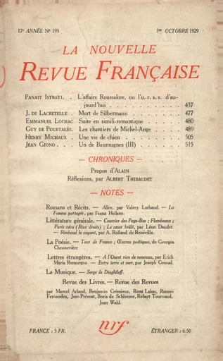 La Nouvelle Revue Française N' 193 (Octobre 1929) -  Collectifs - Editions Gallimard - Revues NRF