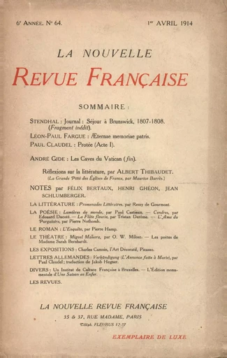 La Nouvelle Revue Française N' 64 (Avril 1914) -  Collectifs - Editions Gallimard - Revues NRF