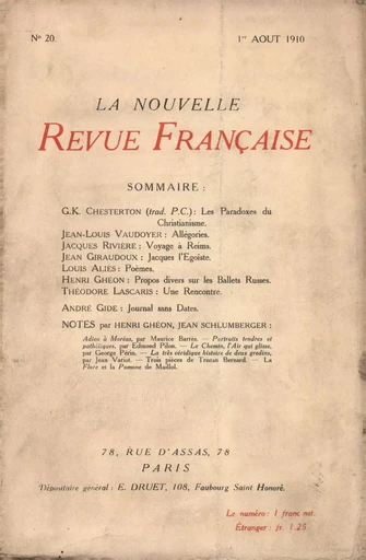 La Nouvelle Revue Française N' 20 (Aoűt 1910) -  Collectifs - Editions Gallimard - Revues NRF