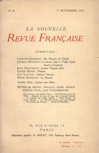 La Nouvelle Revue Française N' 21 (Septembre 1910) -  Collectifs - Editions Gallimard - Revues NRF