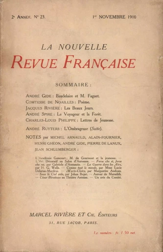 La Nouvelle Revue Française N' 23 (Novembre 1910) - André Gide - Editions Gallimard - Revues NRF