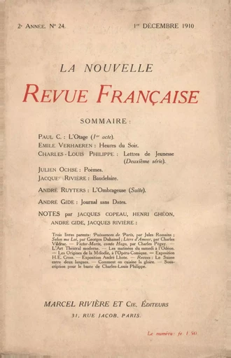 La Nouvelle Revue Française N' 24 (Décembre 1910) -  Collectifs - Editions Gallimard - Revues NRF