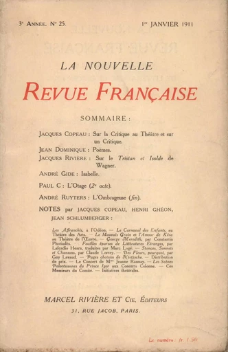 La Nouvelle Revue Française N' 25 (Janvier 1911) -  Collectifs - Editions Gallimard - Revues NRF