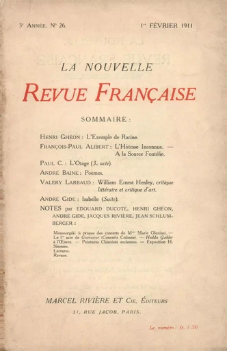 La Nouvelle Revue Française N' 26 (Février 1911) - André Gide - Editions Gallimard - Revues NRF