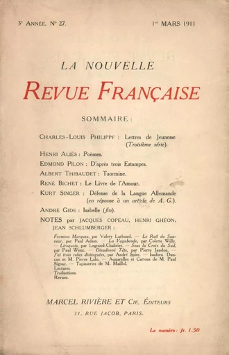 La Nouvelle Revue Française N' 27 (Mars 1911) -  Collectifs - Editions Gallimard - Revues NRF