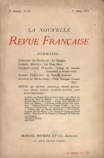 La Nouvelle Revue Française N' 29 (Mai 1911) -  Collectifs - Editions Gallimard - Revues NRF