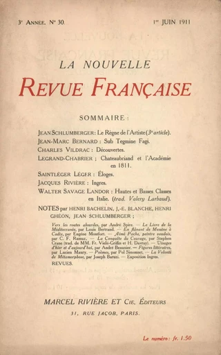 La Nouvelle Revue Française N' 30 (Juin 1911) -  Collectifs - Editions Gallimard - Revues NRF