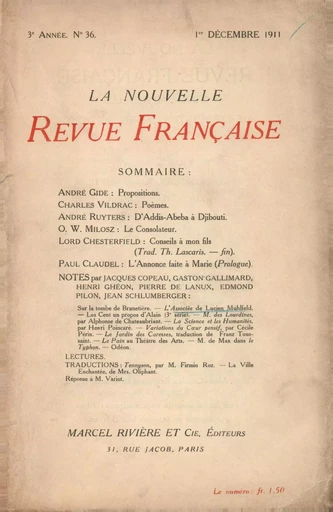 La Nouvelle Revue Française N' 36 (Décembre 1911) -  Collectifs - Editions Gallimard - Revues NRF