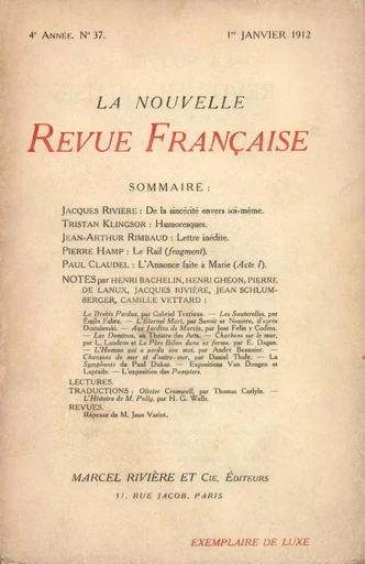 La Nouvelle Revue Française N' 37 (Janvier 1912) -  Collectifs - Editions Gallimard - Revues NRF