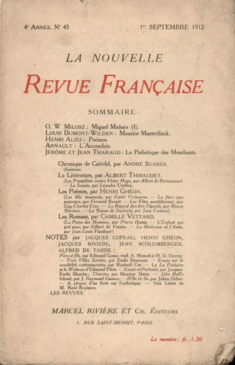 La Nouvelle Revue Française N' 45 (Septembre 1912) -  Collectifs - Editions Gallimard - Revues NRF