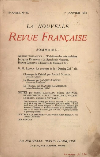 La Nouvelle Revue Française N' 49 (Janvier 1913) -  Collectifs - Editions Gallimard - Revues NRF