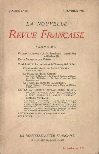 La Nouvelle Revue Française N' 50 (Février 1913) -  Collectifs - Editions Gallimard - Revues NRF