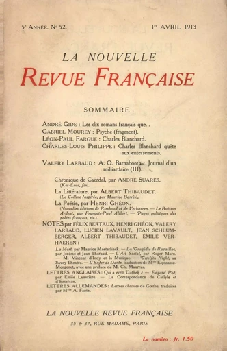 La Nouvelle Revue Française N' 52 (Avril 1913) -  Collectifs - Editions Gallimard - Revues NRF