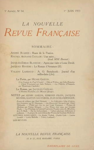 La Nouvelle Revue Française N' 54 (Juin 1913) - André Gide - Editions Gallimard - Revues NRF