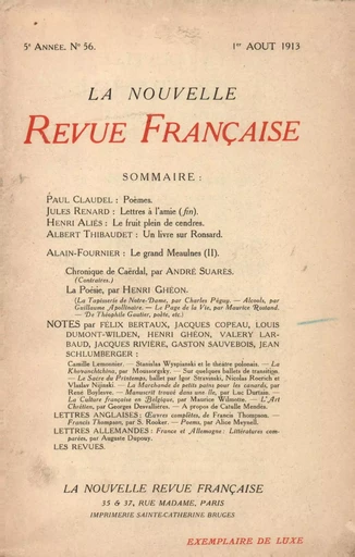 La Nouvelle Revue Française N' 56 (Aoűt 1913) - André Gide - Editions Gallimard - Revues NRF